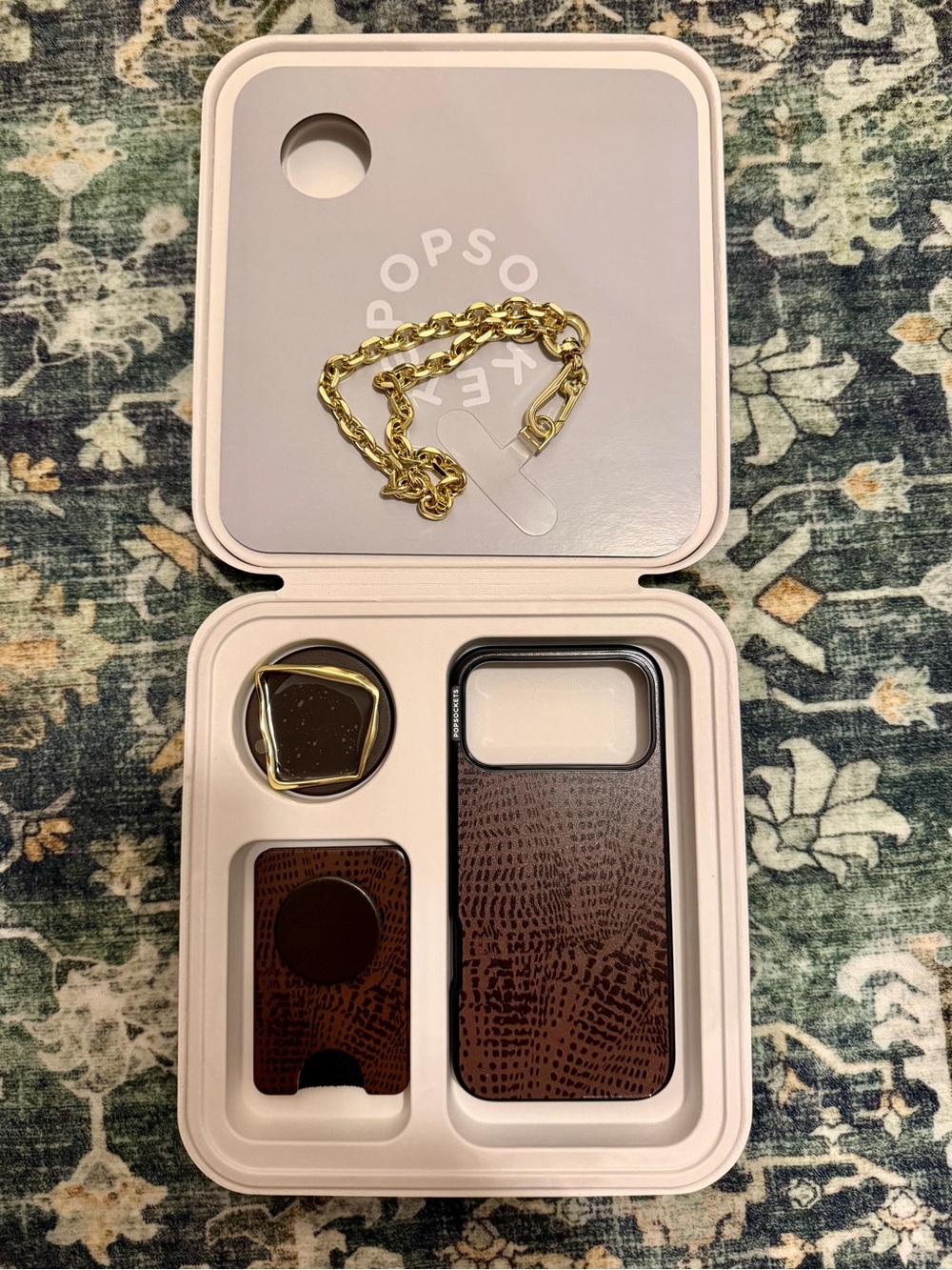 PopSocket MagSafe Brown Croc-Pattern Phone Case Set with Gold Chain Accent
